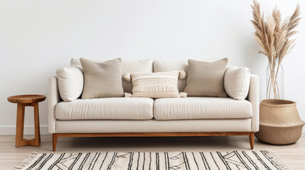 cozy modern living room featuring minimalist layout with light beige sofa adorned with textured cushions. space is complemented by natural elements like wooden side table and decorative plants,