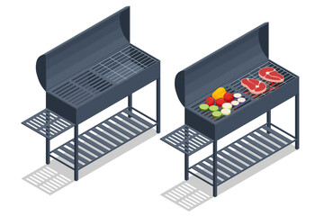Isometric BBQ scene featuring a grill with various meats and vegetables cooking over an open flame. The setup captures the essence of outdoor barbecue, perfect for gatherings and casual summer cooking