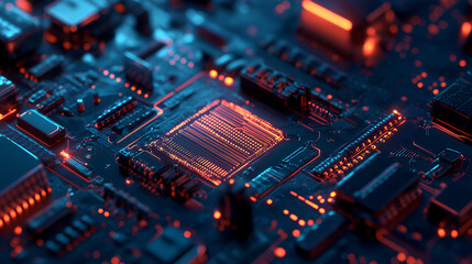 Fototapeta premium A close-up image of a circuit board with glowing orange lines, highlighting the intricate design and complexity of modern electronics.