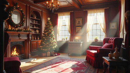 A room in Santa Claus's house decorated with a Christmas tree, Santa's workshop