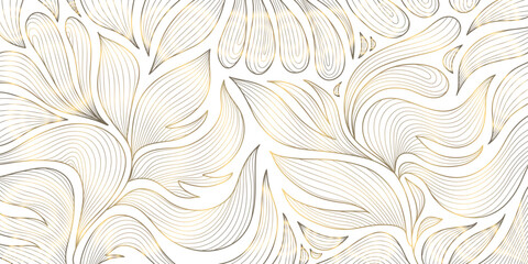 Vector art deco gold leaves pattern, line plant foliage illustration. Vintage luxury tropical ornament, jungle print © marylia17