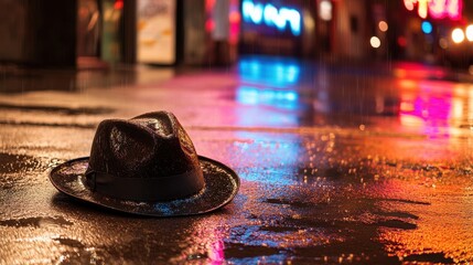 A wet fedora lies on a shiny street, reflecting colorful lights, creating a vibrant urban scene.