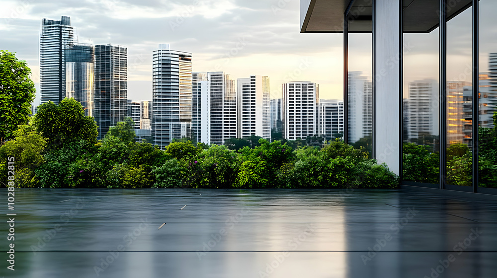 Poster Modern urban skyline with green surroundings at sunset.