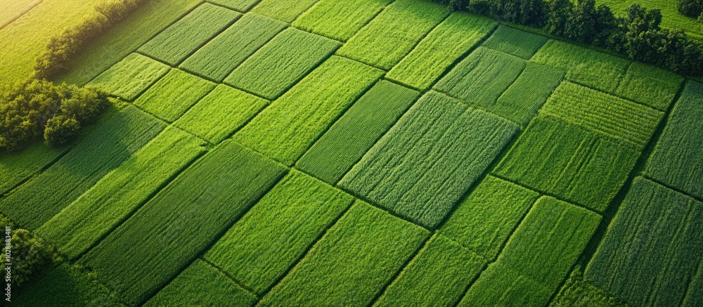 Poster aerial view of green fields divided into rectangular plots.