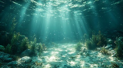 Sunbeams shine through the clear water, illuminating the sandy bottom and seaweed in this underwater scene.