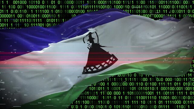 Binary code on flag of Lesotho. Program source code or Hacker concept on Lesothan flag. Lesotho digital technology security, hacking or programming
