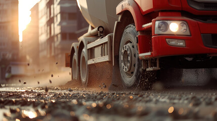 Closeup of cement mixer truck driving on construction site, kicking up dust and gravel as sun sets in background, creating dramatic and industrious atmosphere