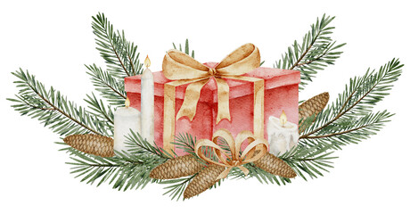 Present with golden ribbon surrounded fir branches and pine cones. Watercolor illustration of red gift box and spruce twigs and new year candles for holiday greeting cards or party invitations.