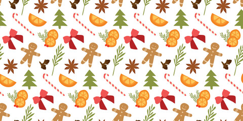 Christmas Seamless Pattern. Christmas and New year Holiday Repeatable Template, Vector Flat Decorative Elements Texture for Wallpaper, Gift Wrapping paper, Card, Banner, Fabric Textile Prints.