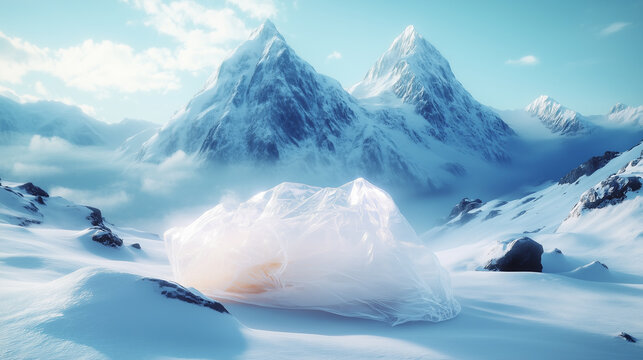 Plastic bag pollution contrasting snowy mountain landscape