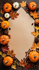 Fall border with pumpkins, pinecones, and colorful leaves on a blank background, ideal for autumn-themed invitations
