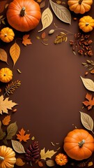 Fall border with pumpkins, pinecones, and colorful leaves on a blank background, ideal for autumn-themed invitations