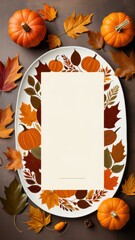 Fall border with pumpkins, pinecones, and colorful leaves on a blank background, ideal for autumn-themed invitations