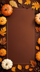Fall border with pumpkins, pinecones, and colorful leaves on a blank background, ideal for autumn-themed invitations