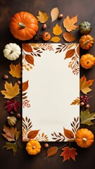 Fall border with pumpkins, pinecones, and colorful leaves on a blank background, ideal for autumn-themed invitations
