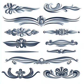 Set of ornate decorative elements in blue.