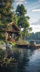Obraz premium Serene lakeside cabin with a wooden dock, 4K hyperrealistic photo