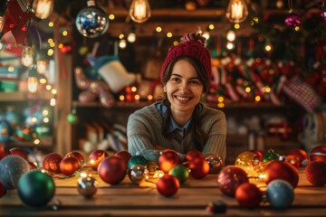 A cheerful shopkeeper arranges colorful holiday ornaments on a wooden table illuminated by warm string lights background with empty space for text