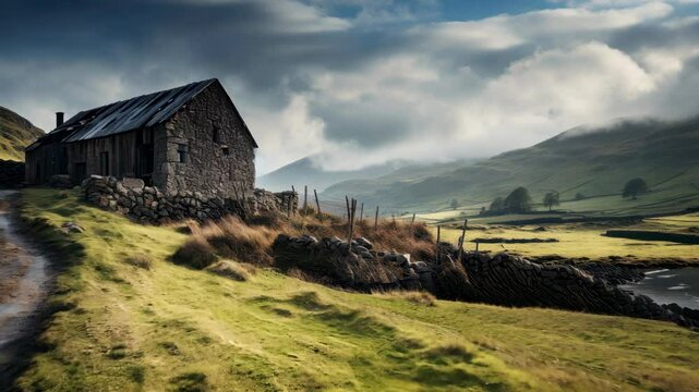 Countryside landscape,  green hills and rolling clouds surrounding a rustic farmhouse
