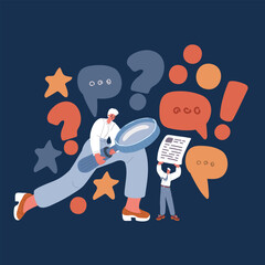 Cartoon vector illustration of a woman examining the globe through a magnifying glass, symbolizing curiosity, exploration, and a worldwide perspective