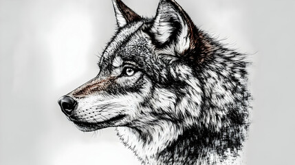 Detailed illustration of a wolf's profile in grayscale and color.