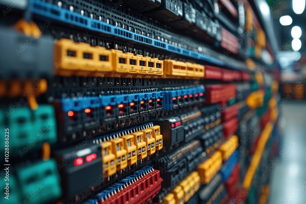 Poster a close-up view of a control panel with various colored electrical components and indicators.