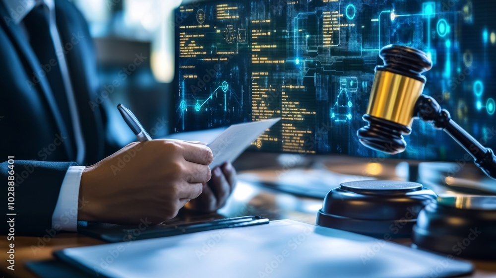 Poster law practitioner reading ai compliance standards, with machine learning algorithms on a screen nearb