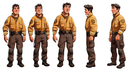 Fototapeta premium Transparent PNG showing a rescue worker in various detailed poses wearing a yellow jacket and tools.