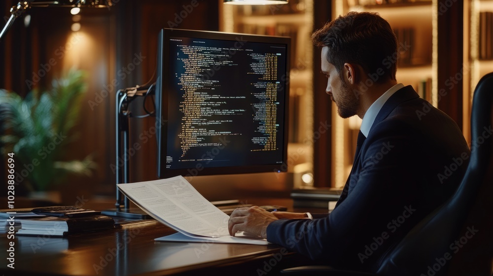 Poster lawyer reviewing a report on ai legal standards, with a computer displaying artificial intelligence 