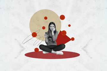 Composite photo collage of scared panic girl hold phone cyberbullying bad emoji social media...