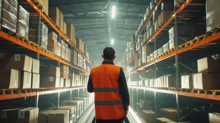 Worker in a high-visibility vest scans boxes on a conveyor surrounded by towering shelves under cool fluorescent lights