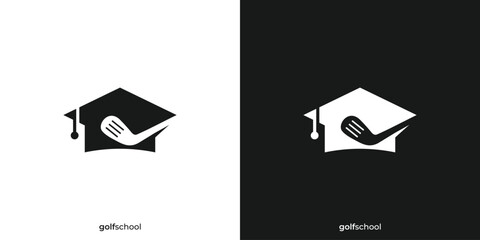 Golf School Logo. Graduate Hat and Golf Stick with Minimalist Style. Golf Academy Logo, Icon, Symbol, Vector, Design Inspiration.