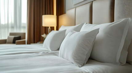 Cozy hotel room with neatly arranged pillows and soft lighting.