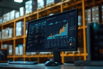 data analysis dashboard displayed in monitor with industrial setting
