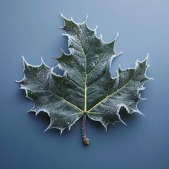 Fototapeta premium Intricate frost patterns adorn a single holly leaf isolated on a frosty blue gradient background