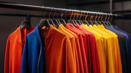 Obraz premium Colorful Jackets Hanging on a Rack in a Store