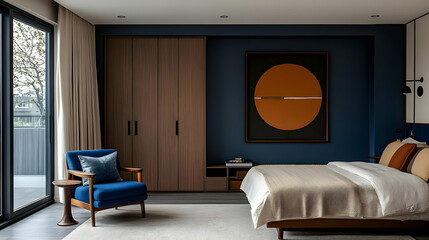 Modern bedroom featuring minimalist design and warm color accents.