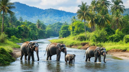 Fototapeta premium The elephant and baby elephants living in the wild, with the rivers and streams as the backdrop. Generative AI Illustration.