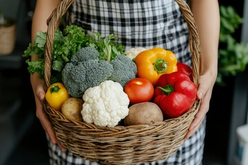 Fototapeta premium A Wicker Basket Filled with Fresh Vegetables Held by a Person