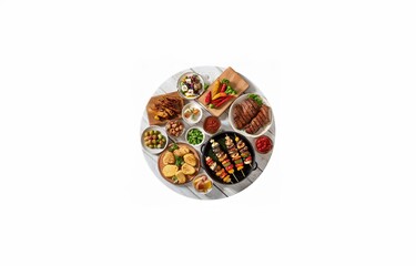 Fototapeta premium A variety of grilled foods arranged on a wooden surface, including chicken, steak, skewers, and various sides.