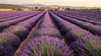Naklejka premium Lavender fields in full bloom with rows of purple flowers stretching towards a distant village under a clear sky and mountain backdrop.