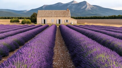 Stone house surrounded by blooming lavender fields with mountains in the background under a clear sky