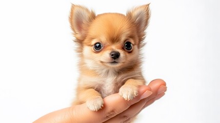 Obraz premium Cute Miniature Puppy in Palm and Fingertip, Photo Realistic, Texture, Pattern Background, Wallpaper, Cover and Screen for Smartphone, PC, Laptop, 9:16 and 16:9 Format