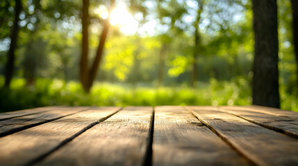 Fototapeta premium Sunlit forest scene with a wooden table in the foreground.