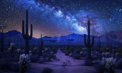 Saguaro cactus forest under a starry desert night sky, 4K hyperrealistic photo