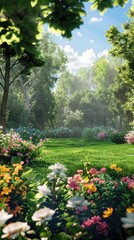 Lush green garden with a variety of blooming flowers, 4K hyperrealistic photo