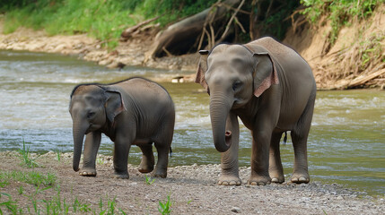 Fototapeta premium The elephant and baby elephants living in the wild, with the rivers and streams as the backdrop. Generative AI Illustration.