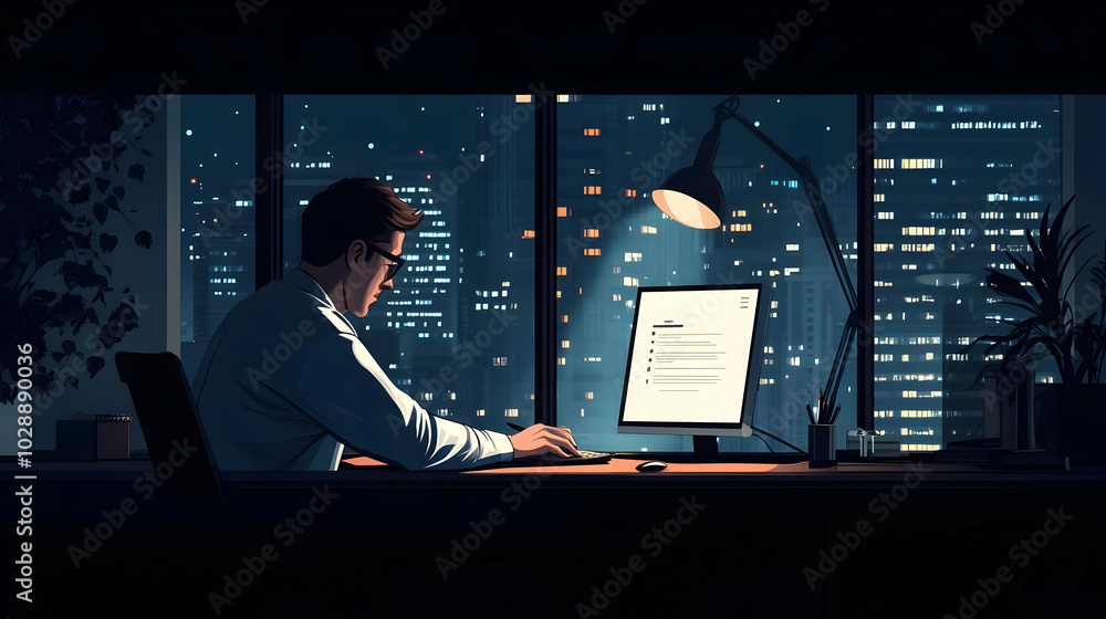 Poster a person working late at a computer in a cityscape setting.