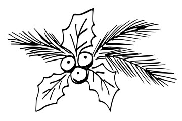 Holly berry, leaves, coniferous branches, pine. Christmas New Year decor, plants. Simple hand drawn vector ink sketch.