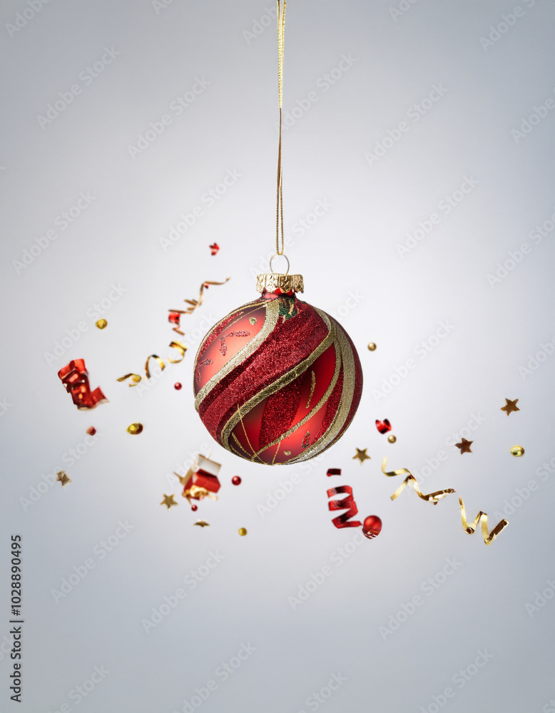 Poster a red and gold christmas ornament hangs from a gold string and is surrounded by festive confetti.